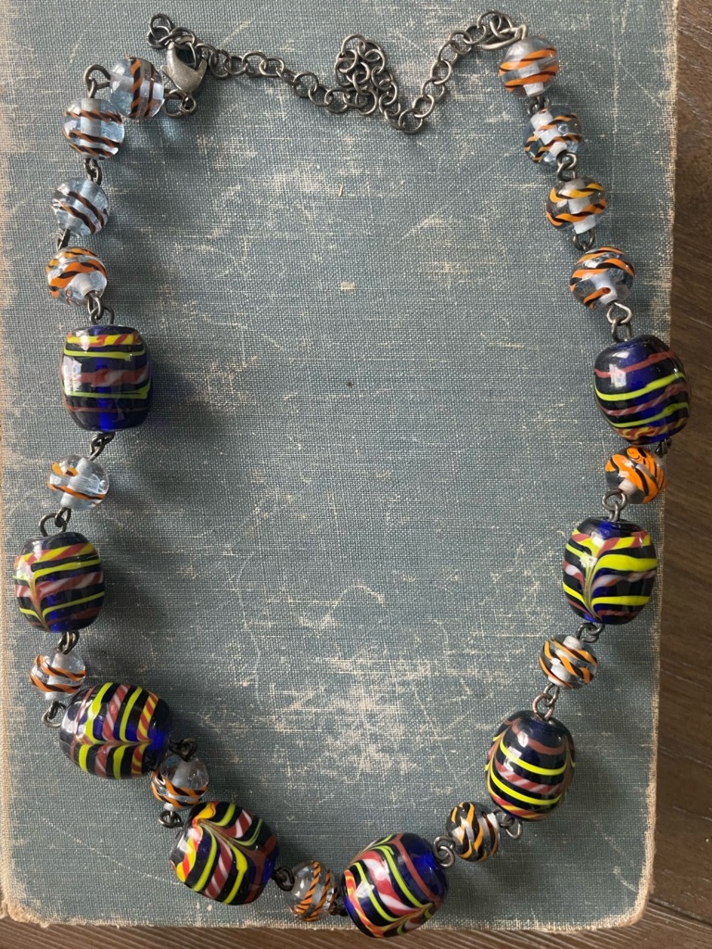 Blue Multicolor Striped Glass Bead Necklace